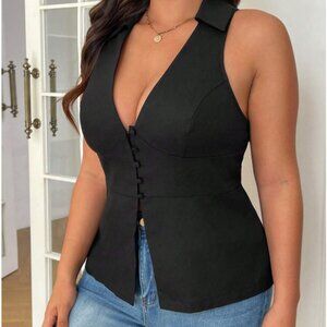 SHEIN Solid Black Curve 2XL V-Neck Open Collar Vest Blouse Button Front